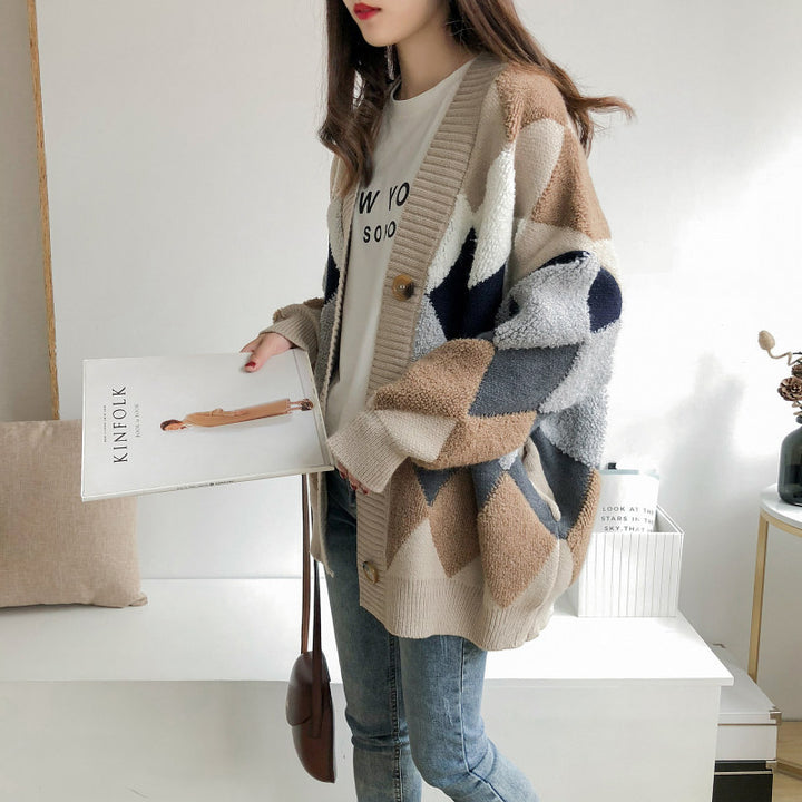 Damen Grobstrickjacke mit dekorativem Rautenmuster und komfortablem Schnitt Drune