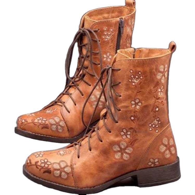 Damen bestickte Combat-Stiefelette mit floralem Stickmotiv, seitlicher Reißverschluss und gepolstertem Komfortfußbett Drune