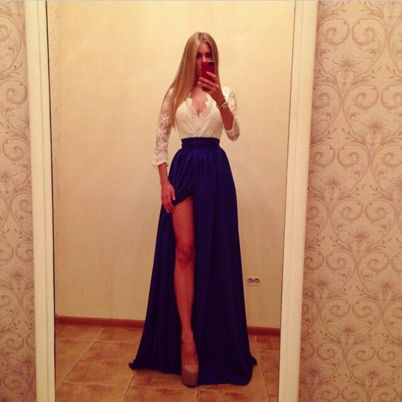 Damen Zweiteiliges Abendkleid mit Spitzen-Corsage, V-Ausschnitt & Maxirock mit hohem Beinschlitz Drune