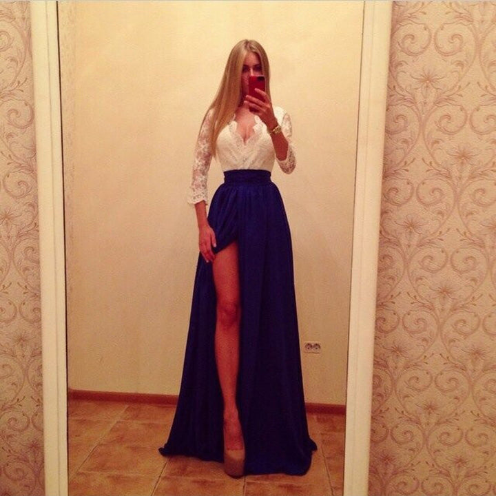 Damen Zweiteiliges Abendkleid mit Spitzen-Corsage, V-Ausschnitt & Maxirock mit hohem Beinschlitz Drune