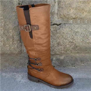 Damen nan wadenhohe Stiefel in Lederoptik mit verstellbaren Zierriemen und profilierter Gummisohle Drune