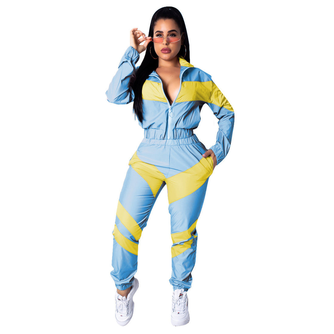 Damen Sportlicher Jumpsuit mit stylischen Farbblockelementen und hohem Kragen Drune