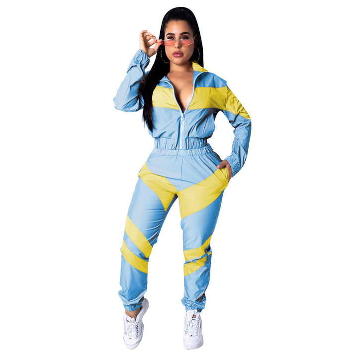 Damen Sportlicher Jumpsuit mit stylischen Farbblockelementen und hohem Kragen Drune