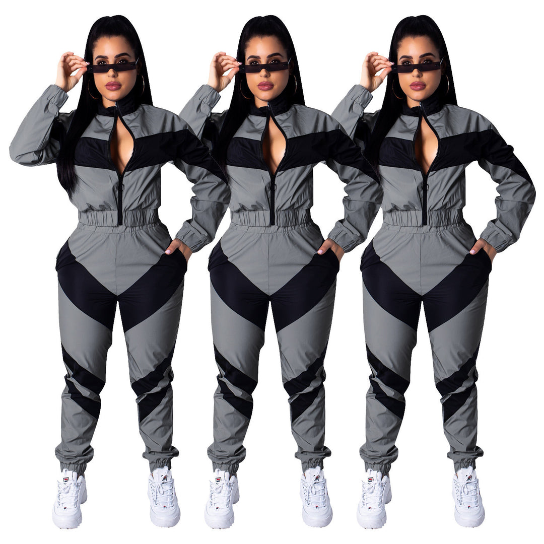 Damen Sportlicher Jumpsuit mit stylischen Farbblockelementen und hohem Kragen Drune