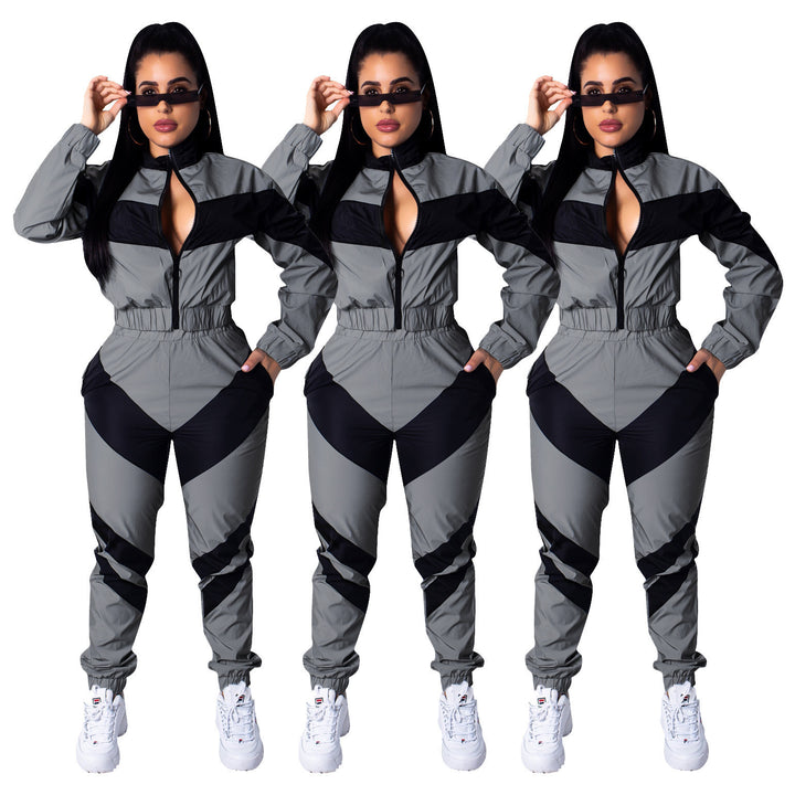 Damen Sportlicher Jumpsuit mit stylischen Farbblockelementen und hohem Kragen Drune