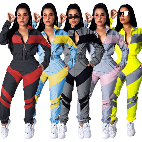 Damen Sportlicher Jumpsuit mit stylischen Farbblockelementen und hohem Kragen Drune