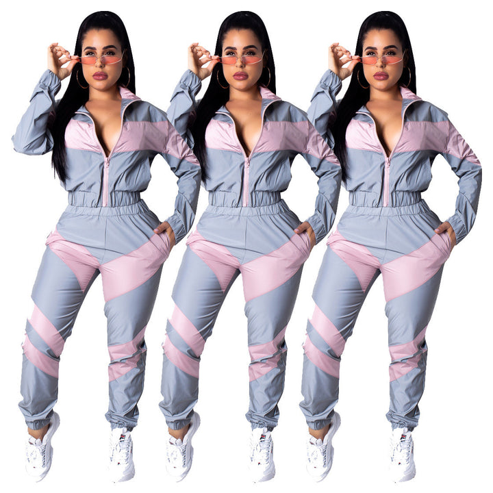 Damen Sportlicher Jumpsuit mit stylischen Farbblockelementen und hohem Kragen Drune