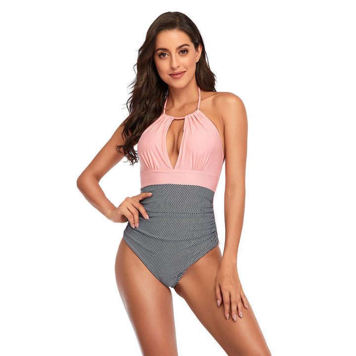 Damen Hochwertiger Einteiler Badeanzug mit tiefem V-Ausschnitt und gestreiftem Bund Drune