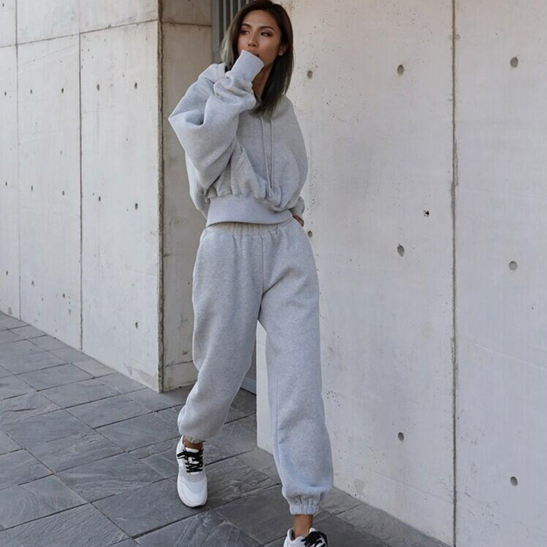 Damen nan kuscheliges kurzes Kapuzenpullover- und hochgeschnittene Jogginghose Set Drune