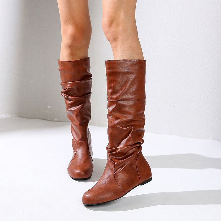 Damen elegante Stiefel mit modernem Falten-Design und komfortablem Blockabsatz Drune