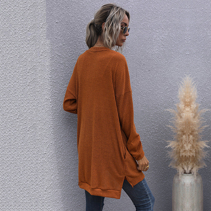 Damen Longline Rippstrick-Cardigan mit Knopfleiste, Eingrifftaschen und Oversize-Silhouette Drune