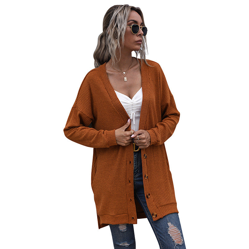Damen Longline Rippstrick-Cardigan mit Knopfleiste, Eingrifftaschen und Oversize-Silhouette Drune