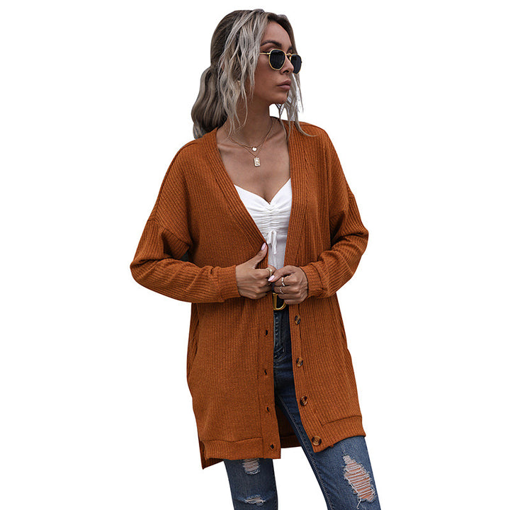 Damen Longline Rippstrick-Cardigan mit Knopfleiste, Eingrifftaschen und Oversize-Silhouette Drune