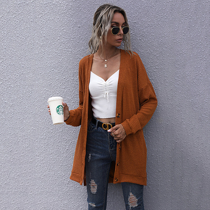 Damen Longline Rippstrick-Cardigan mit Knopfleiste, Eingrifftaschen und Oversize-Silhouette Drune