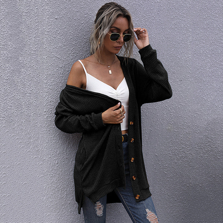 Damen Longline Rippstrick-Cardigan mit Knopfleiste, Eingrifftaschen und Oversize-Silhouette Drune
