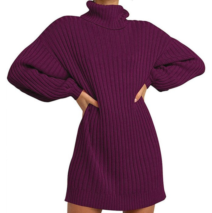 Damen Geripptes Rollkragen-Minikleid mit Oversize-Silhouette und Ballonärmeln Drune