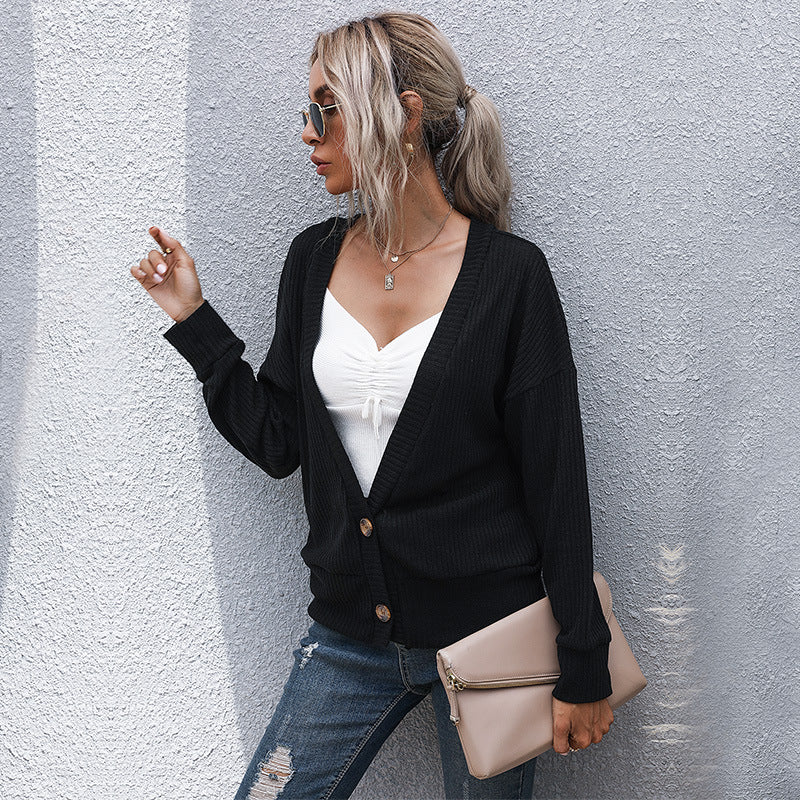 Damen Offene Feinstrick-Cardigan mit Rippenstruktur, Knopfleiste und lockerer Passform Drune