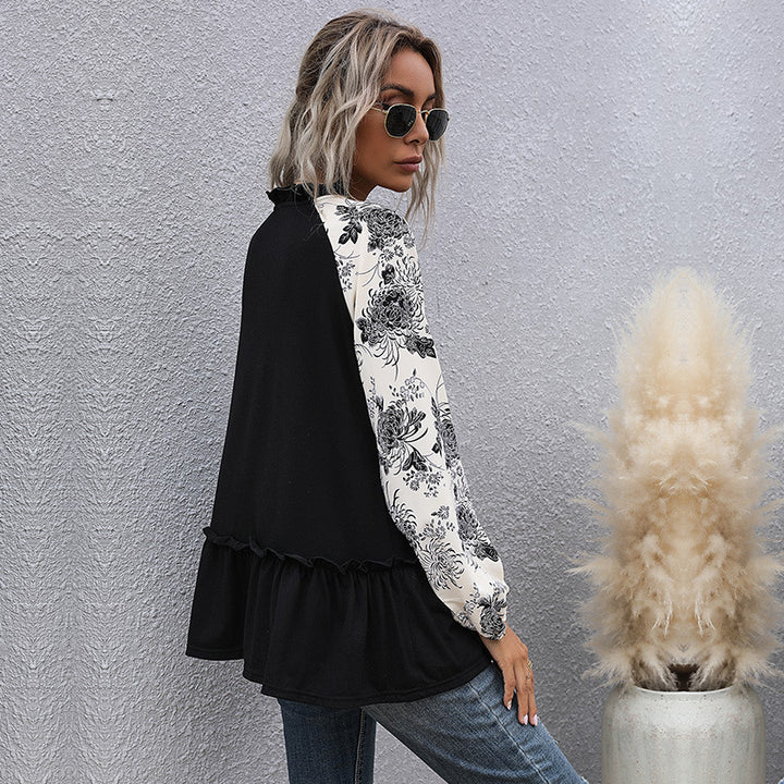Damen Viskose-Longbluse mit V-Ausschnitt, Rüschen-Taille und kontrastierenden Raglanärmeln Drune