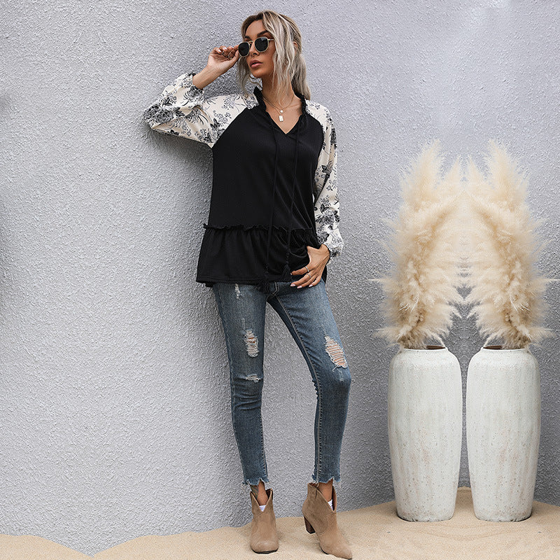 Damen Viskose-Longbluse mit V-Ausschnitt, Rüschen-Taille und kontrastierenden Raglanärmeln Drune