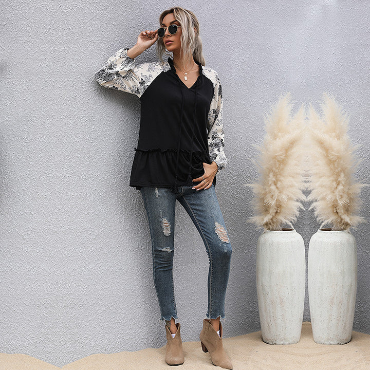 Damen Viskose-Longbluse mit V-Ausschnitt, Rüschen-Taille und kontrastierenden Raglanärmeln Drune