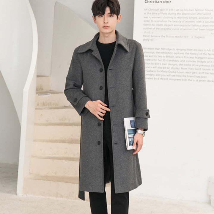 Herren Longcoat aus Wollmix mit verdeckter Knopfleiste Taillengürtel und klassischem Revers Drune