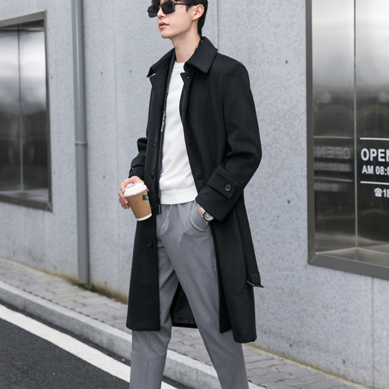 Herren Longcoat aus Wollmix mit verdeckter Knopfleiste Taillengürtel und klassischem Revers Drune