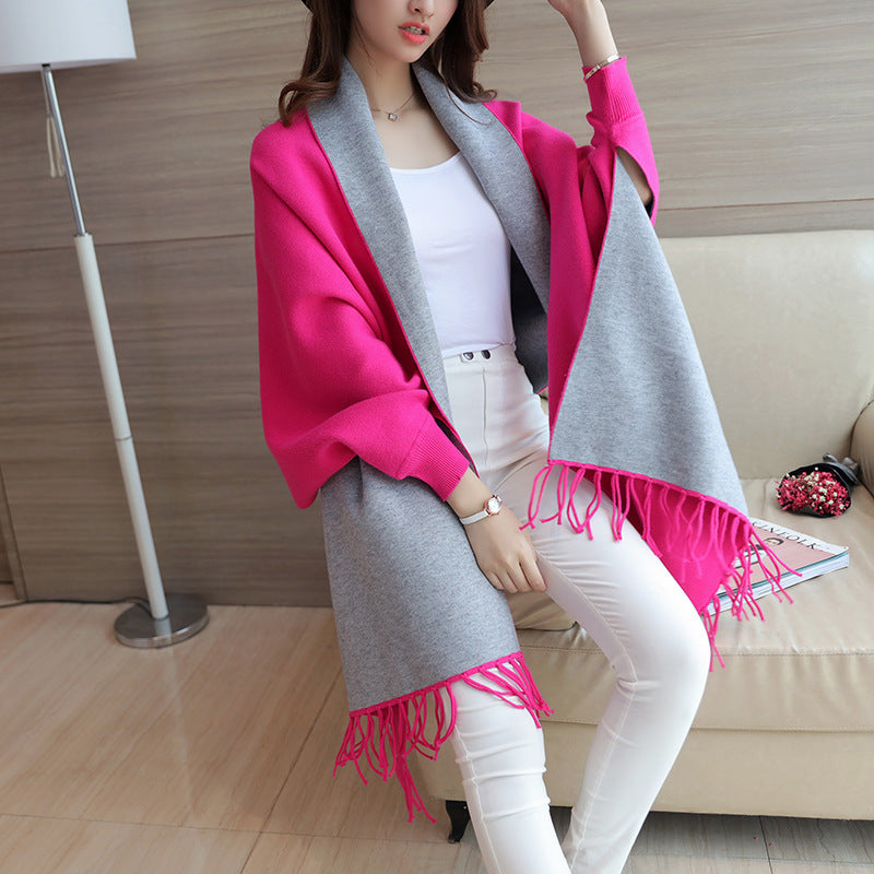 Damen eleganter Schal mit Fransen und kontrastierenden Farbdetails Drune