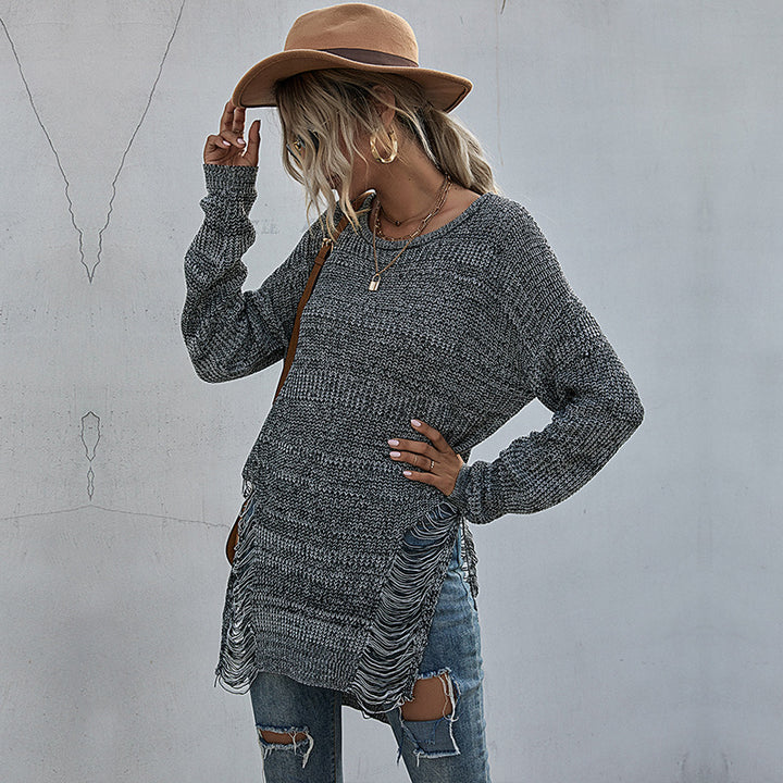 Damen Lässiger Strickpullover mit Fransen Drune