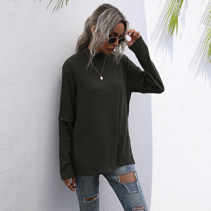 Damen Oversize Waffelstrick-Pullover mit Stehkragen und verlängerten Ärmeln Drune