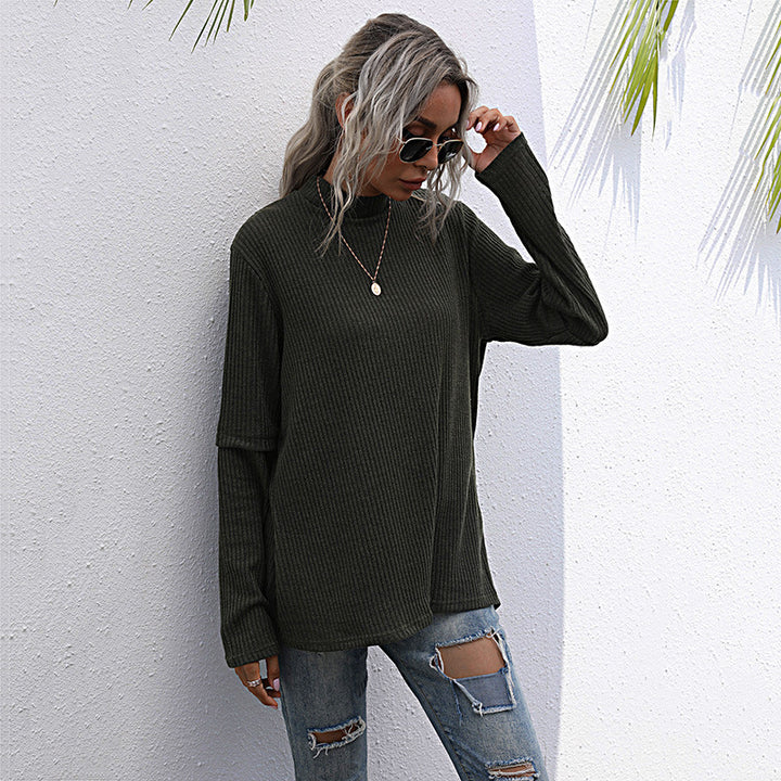 Damen Oversize Waffelstrick-Pullover mit Stehkragen und verlängerten Ärmeln Drune