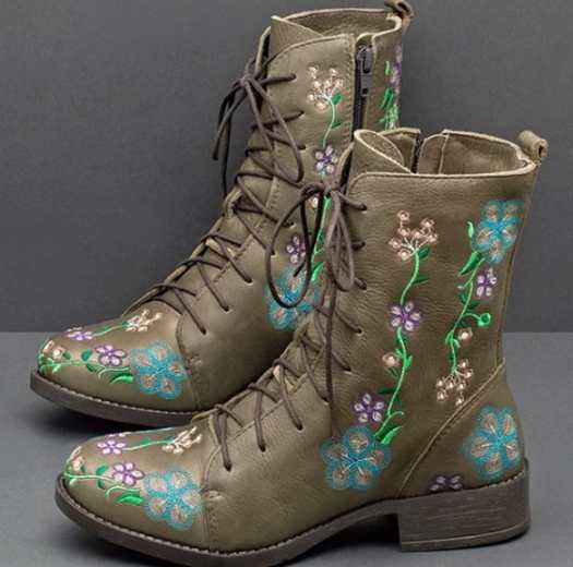Damen bestickte Combat-Stiefelette mit floralem Stickmotiv, seitlicher Reißverschluss und gepolstertem Komfortfußbett Drune