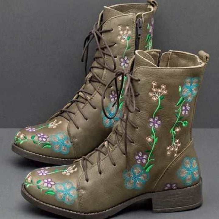 Damen bestickte Combat-Stiefelette mit floralem Stickmotiv, seitlicher Reißverschluss und gepolstertem Komfortfußbett Drune