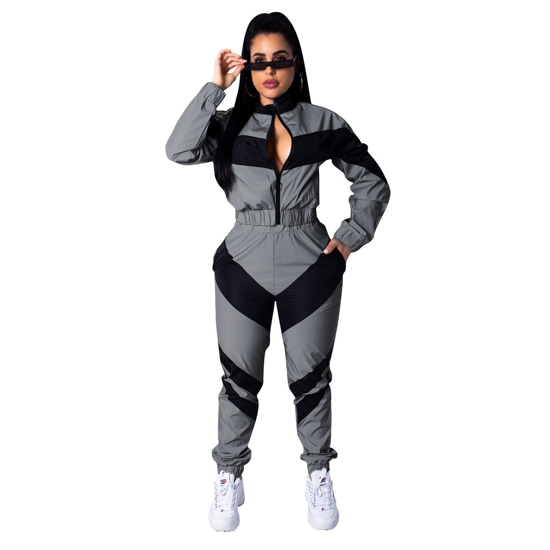 Damen Sportlicher Jumpsuit mit stylischen Farbblockelementen und hohem Kragen Drune