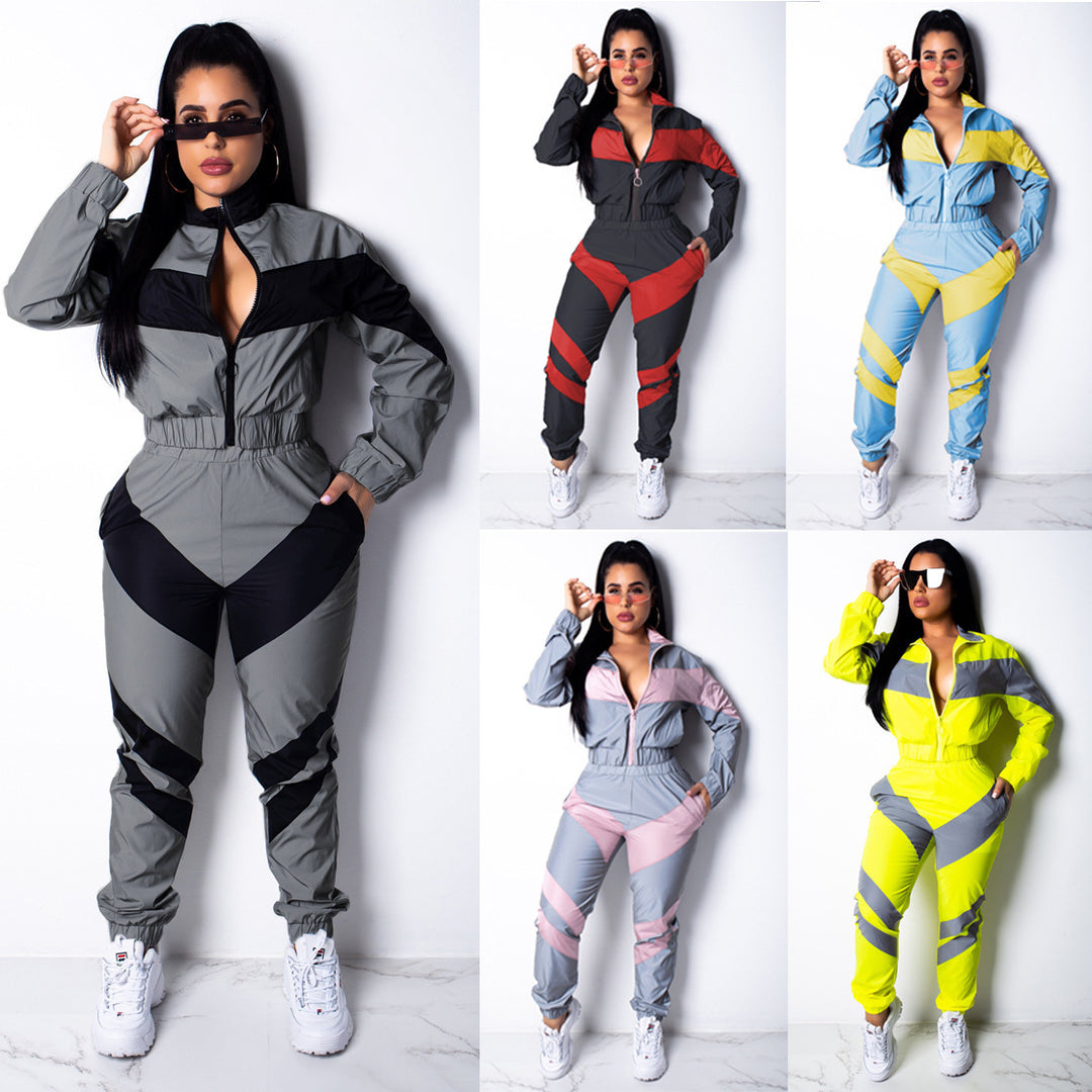 Damen Sportlicher Jumpsuit mit stylischen Farbblockelementen und hohem Kragen Drune