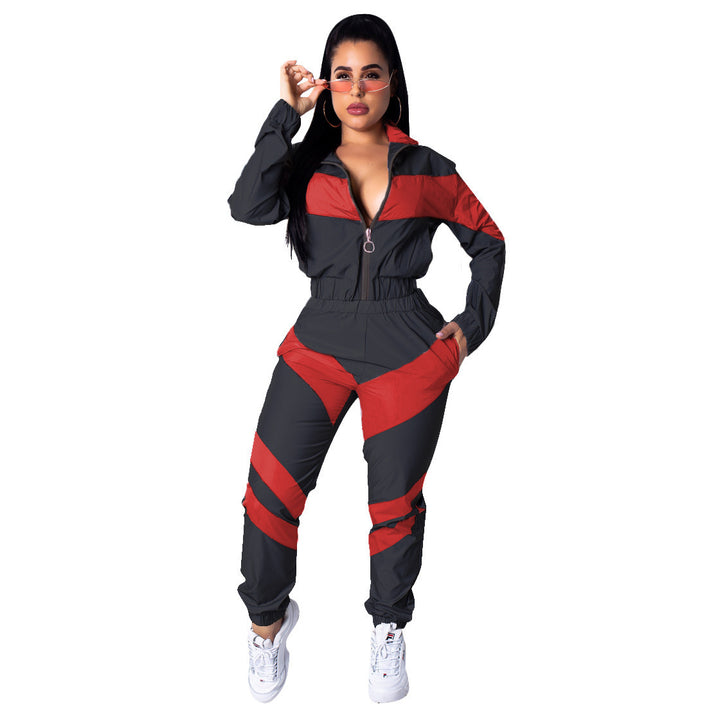 Damen Sportlicher Jumpsuit mit stylischen Farbblockelementen und hohem Kragen Drune