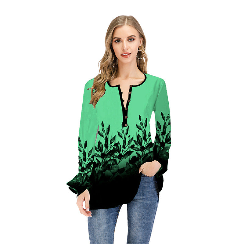 Damen Lockeres Langarm-Tunika-Shirt mit Henley-Knopfleiste und floralem Ombre-Print Drune