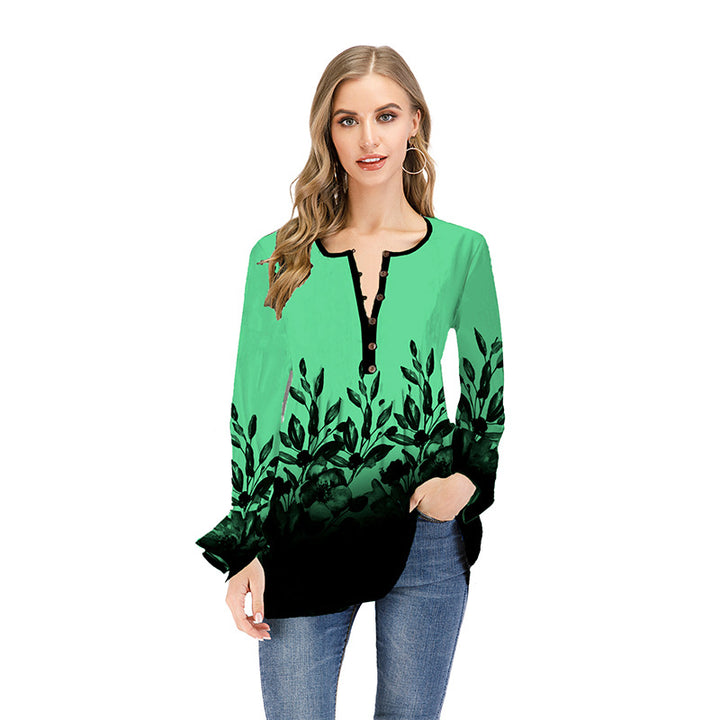 Damen Lockeres Langarm-Tunika-Shirt mit Henley-Knopfleiste und floralem Ombre-Print Drune