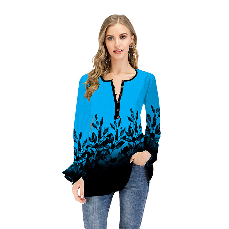 Damen Lockeres Langarm-Tunika-Shirt mit Henley-Knopfleiste und floralem Ombre-Print Drune