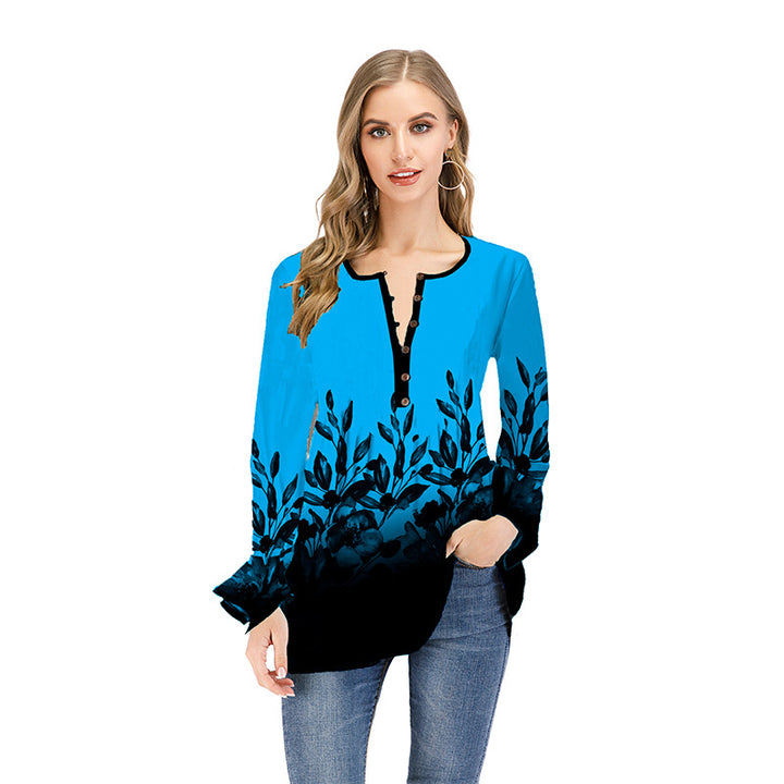 Damen Lockeres Langarm-Tunika-Shirt mit Henley-Knopfleiste und floralem Ombre-Print Drune