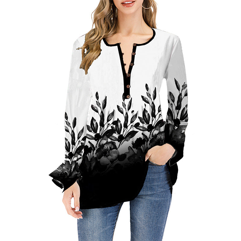 Damen Lockeres Langarm-Tunika-Shirt mit Henley-Knopfleiste und floralem Ombre-Print Drune