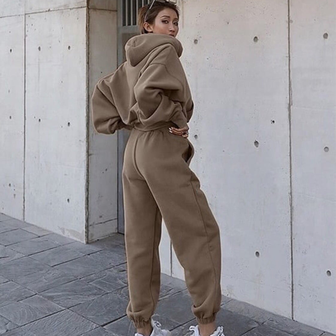Damen nan kuscheliges kurzes Kapuzenpullover- und hochgeschnittene Jogginghose Set Drune
