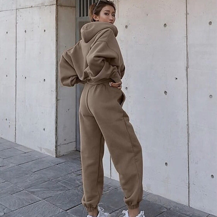 Damen nan kuscheliges kurzes Kapuzenpullover- und hochgeschnittene Jogginghose Set Drune