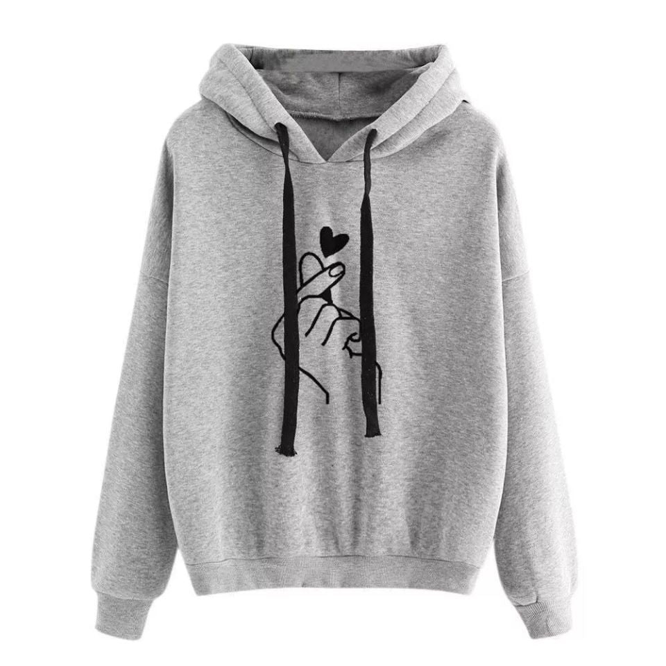 Damen Oversize-Kapuzenpullover mit Fingerherz‑Print und Kordelzug Drune