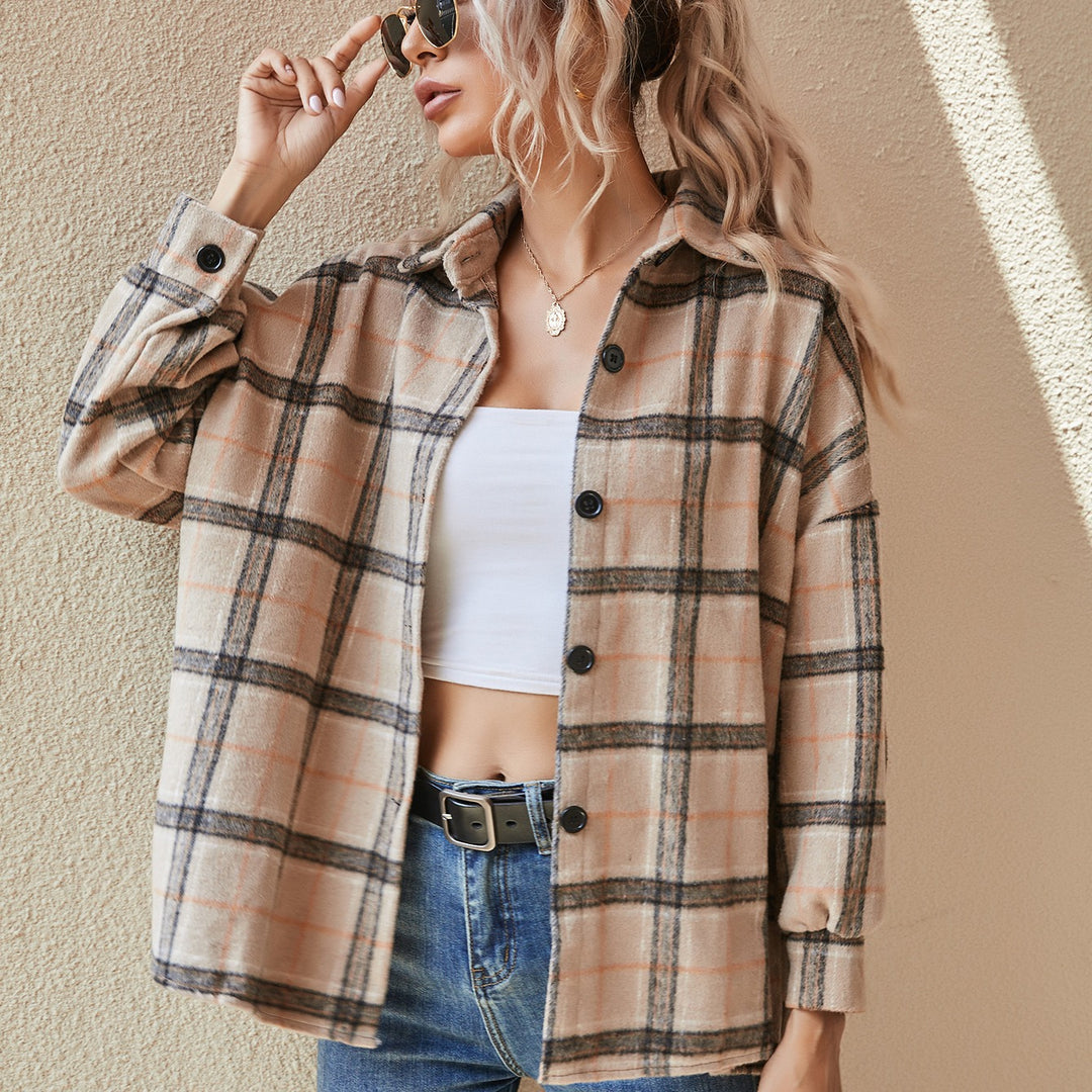 Damen Oversize Karierte Hemdjacke aus gebürstetem Flanell mit Knopfleiste Drune