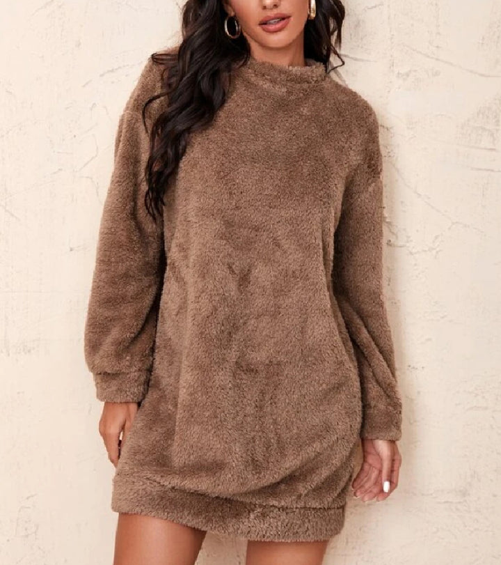 Damen Kuscheliges Fleece-Kleid mit hohem Kragen und voluminösen Ärmeln Drune