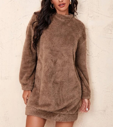 Damen Kuscheliges Fleece-Kleid mit hohem Kragen und voluminösen Ärmeln Drune