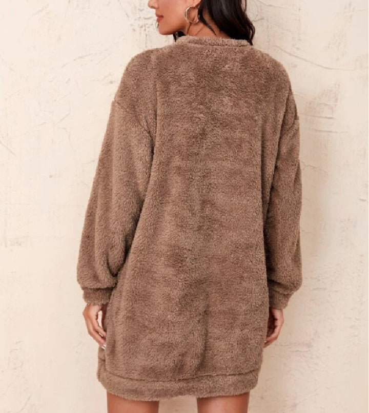 Damen Kuscheliges Fleece-Kleid mit hohem Kragen und voluminösen Ärmeln Drune