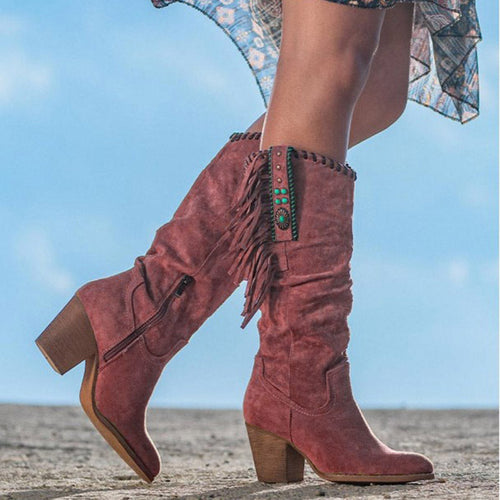 Drune | Kniestrumpf Stiefel Kunst Wildleder Blockabsatz Fransen und Nieten Western Stil