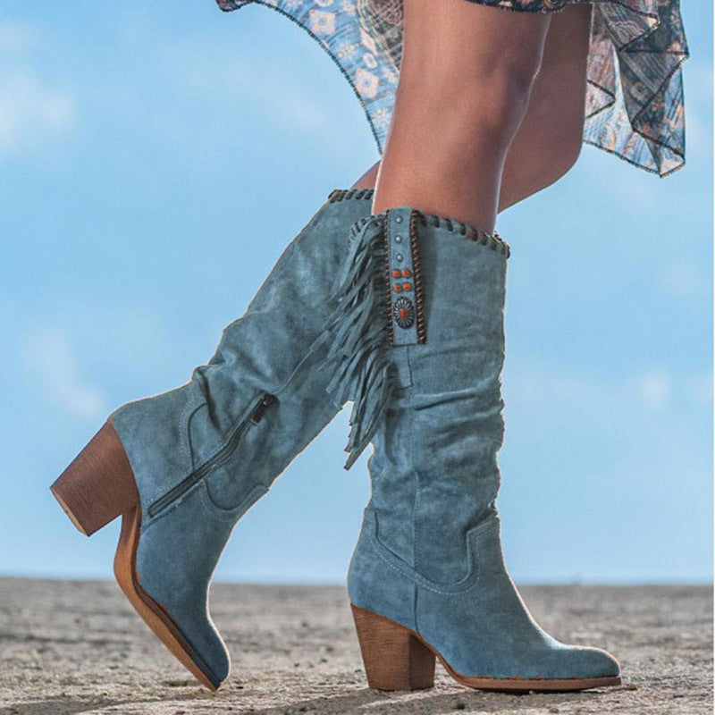 Drune | Kniestrumpf Stiefel Kunst Wildleder Blockabsatz Fransen und Nieten Western Stil