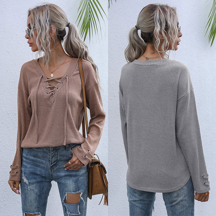 Damen Gerippter V-Ausschnitt Pullover mit Schnürdetail und lockerer Passform Drune